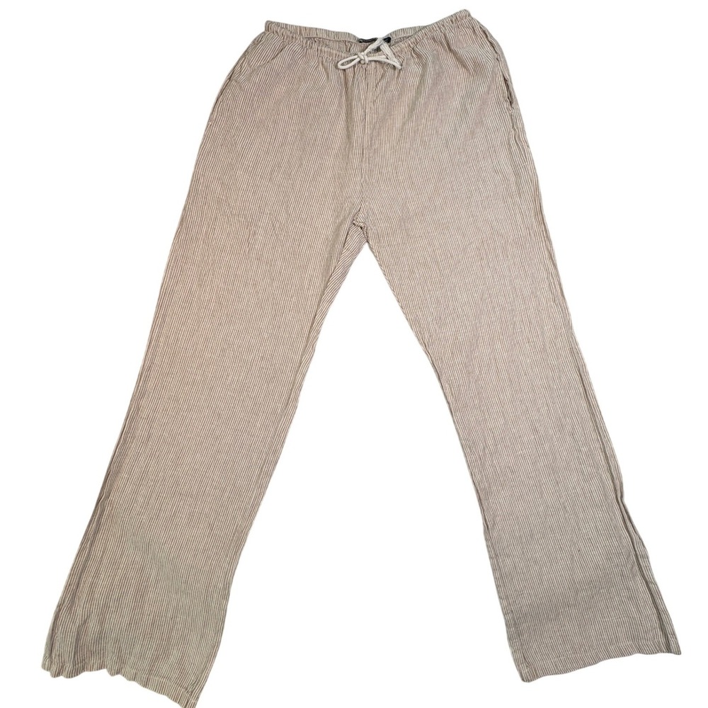 Brandy Melville Tan Striped Drawstring Linen Blend Straight Leg Pants One Size